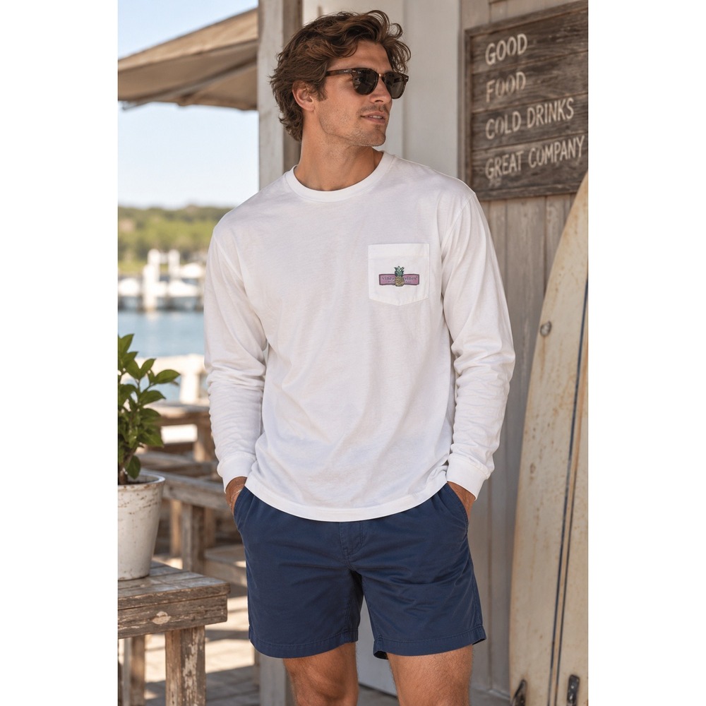 Vineyard Vines Shirt Mens Small White Long Sleeve Tee Pineapple Preppy Beachy